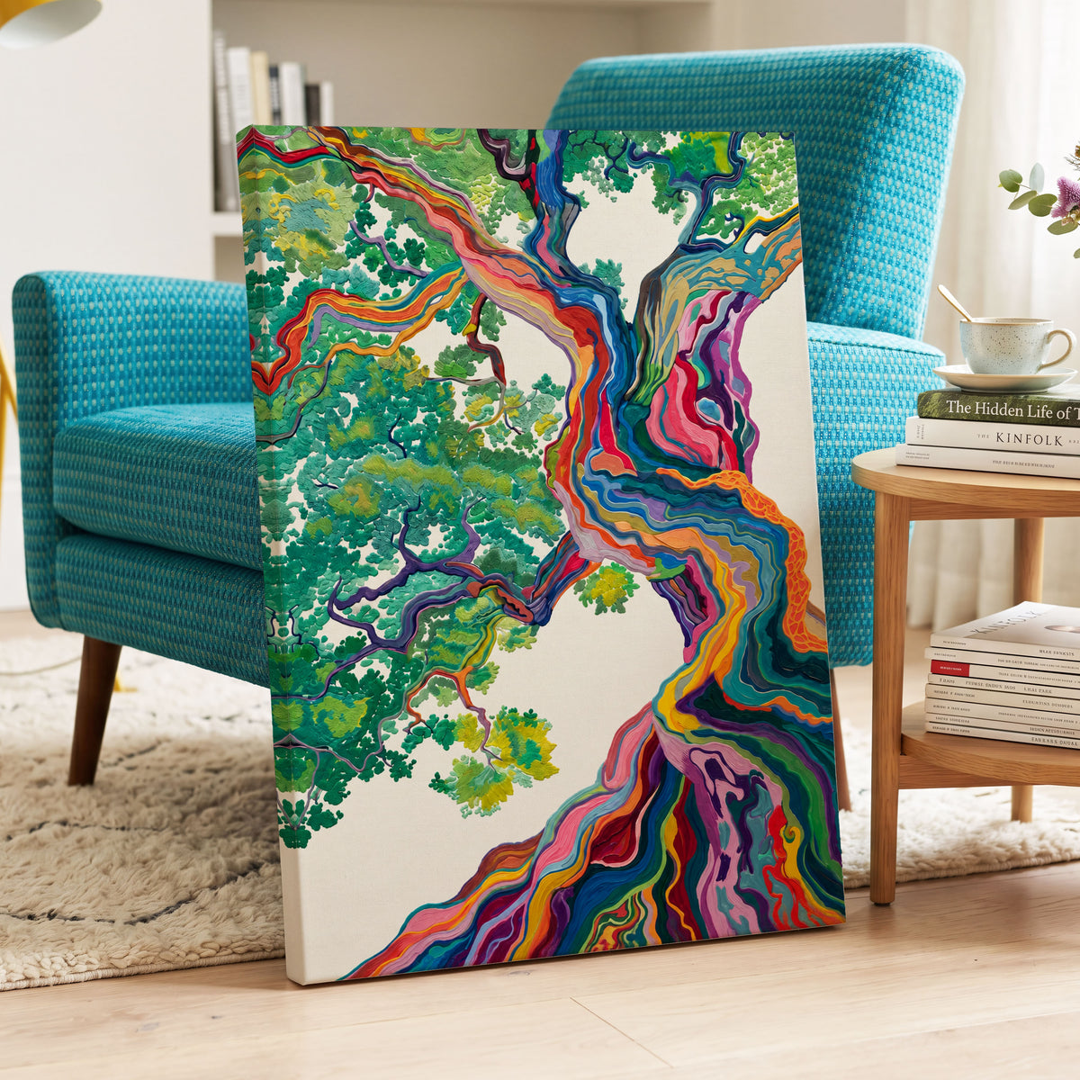 Boughs in Full Colour, green, blue, pink nature wall art displayed in a styled interior, gallery view 7