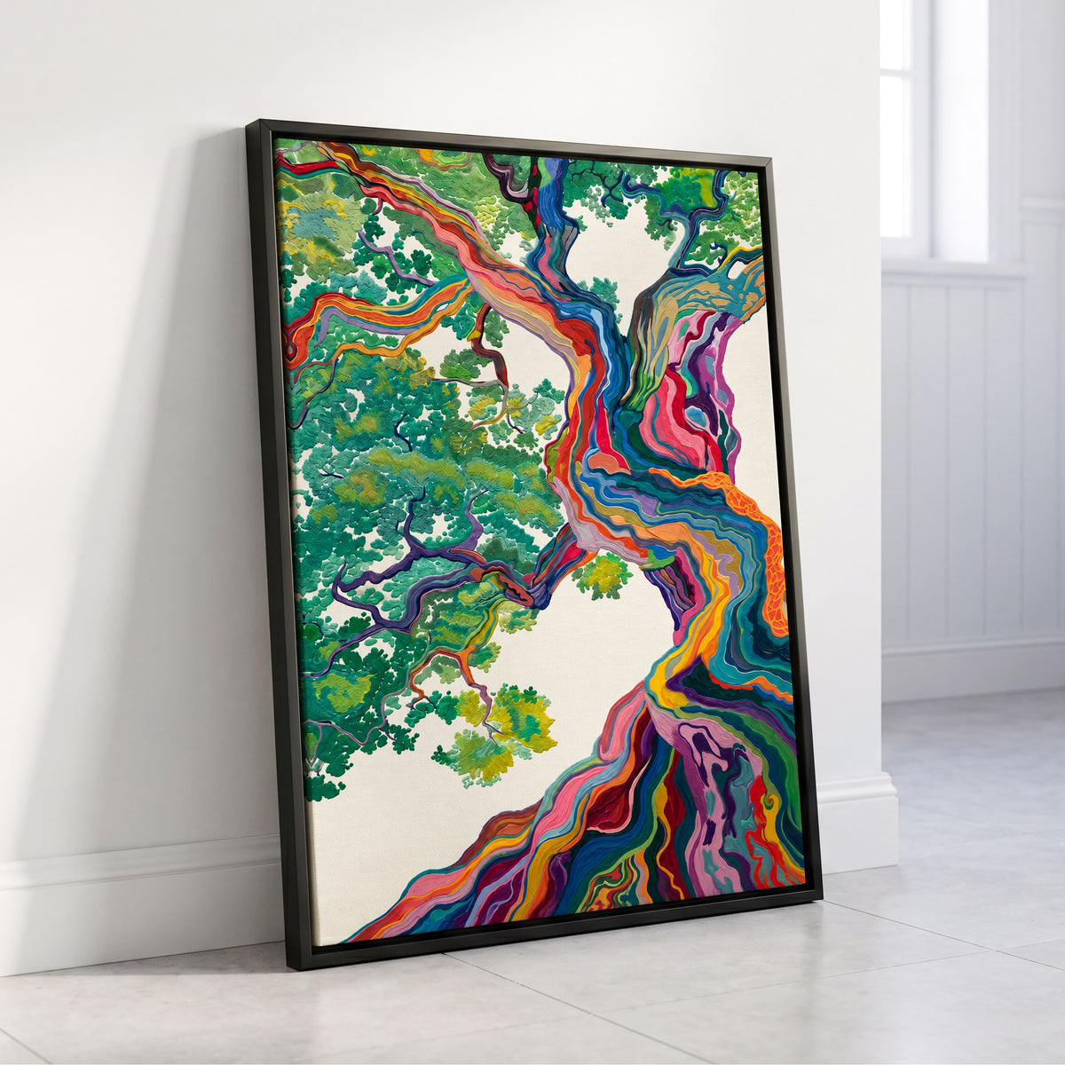 Boughs in Full Colour, green, blue, pink nature wall art displayed in a styled interior, gallery view 8