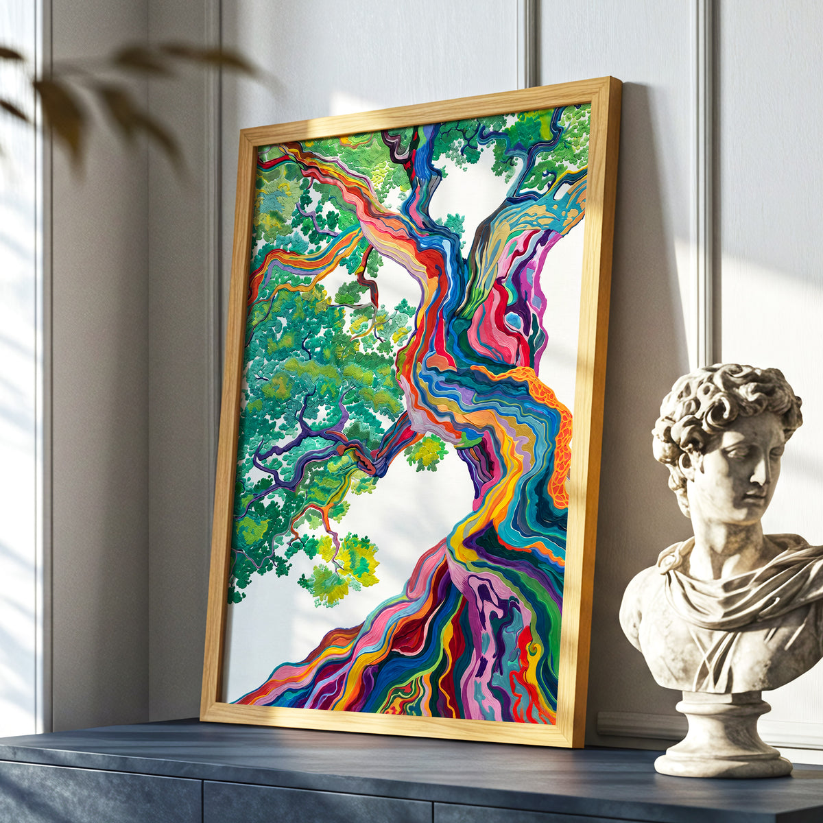Boughs in Full Colour, green, blue, pink nature wall art displayed in a styled interior, gallery view 9