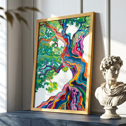 Boughs in Full Colour, green, blue, pink nature wall art displayed in a styled interior, gallery view 9