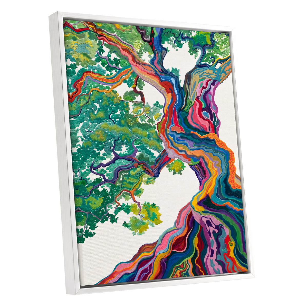 Boughs in Full Colour, green, blue, pink nature wall art shown as a white framed canvas wall art
