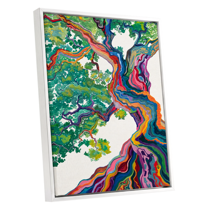 Boughs in Full Colour, green, blue, pink nature wall art shown as a white framed canvas wall art