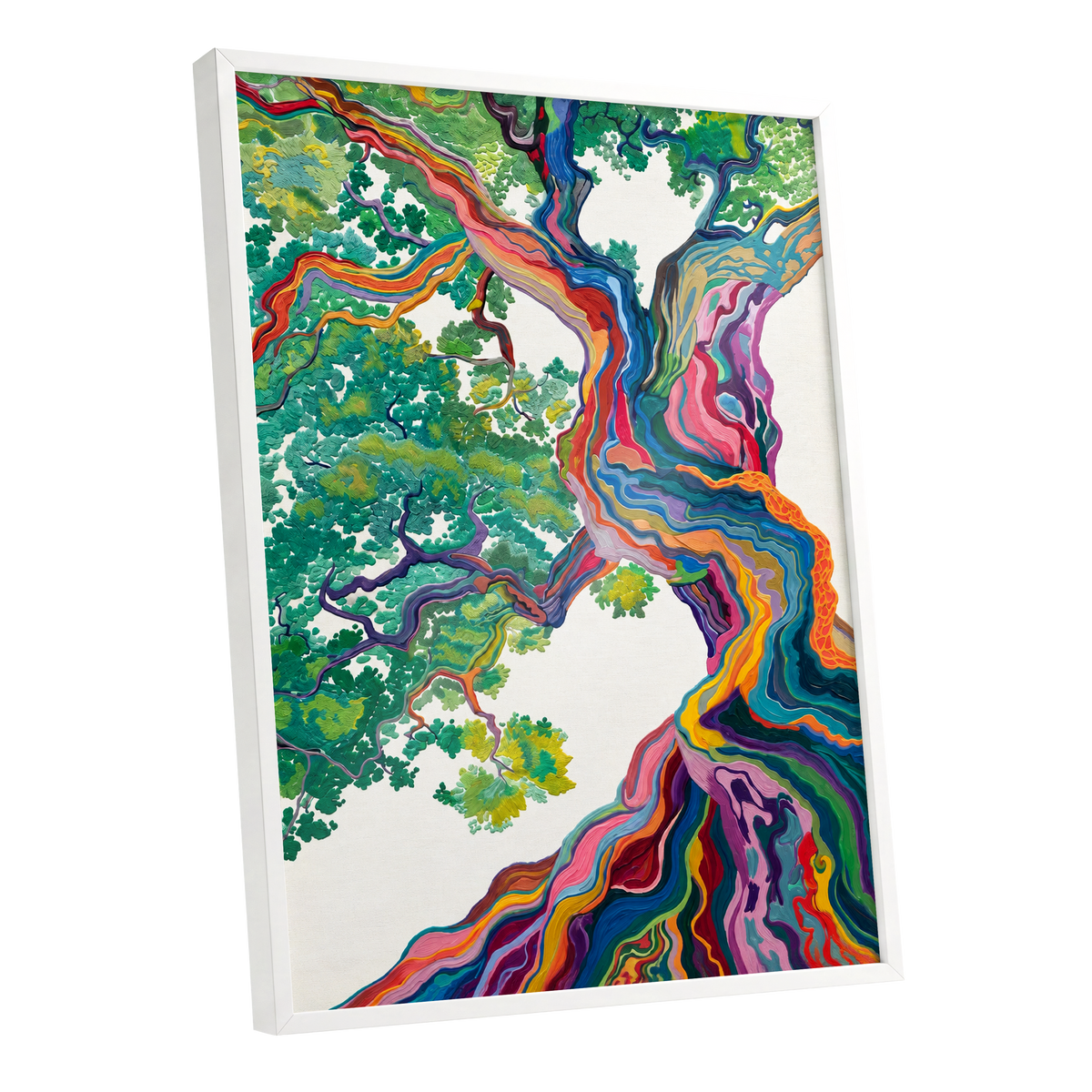 Boughs in Full Colour, green, blue, pink nature wall art shown as a white framed poster wall art print