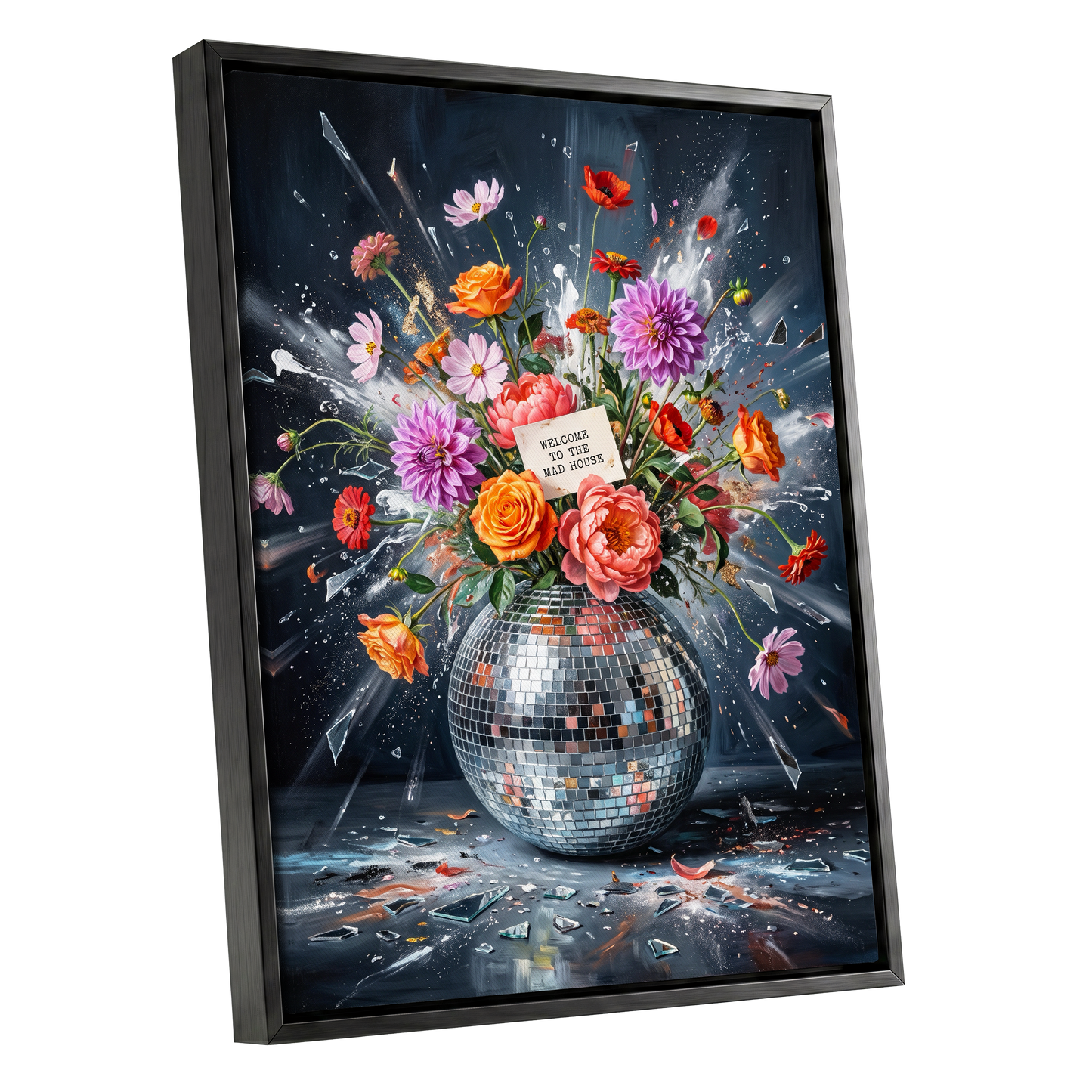 Bouquet After Midnight, black, blue, pink floral wall art shown as a black framed canvas wall art
