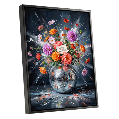 Bouquet After Midnight, black, blue, pink floral wall art shown as a black framed canvas wall art
