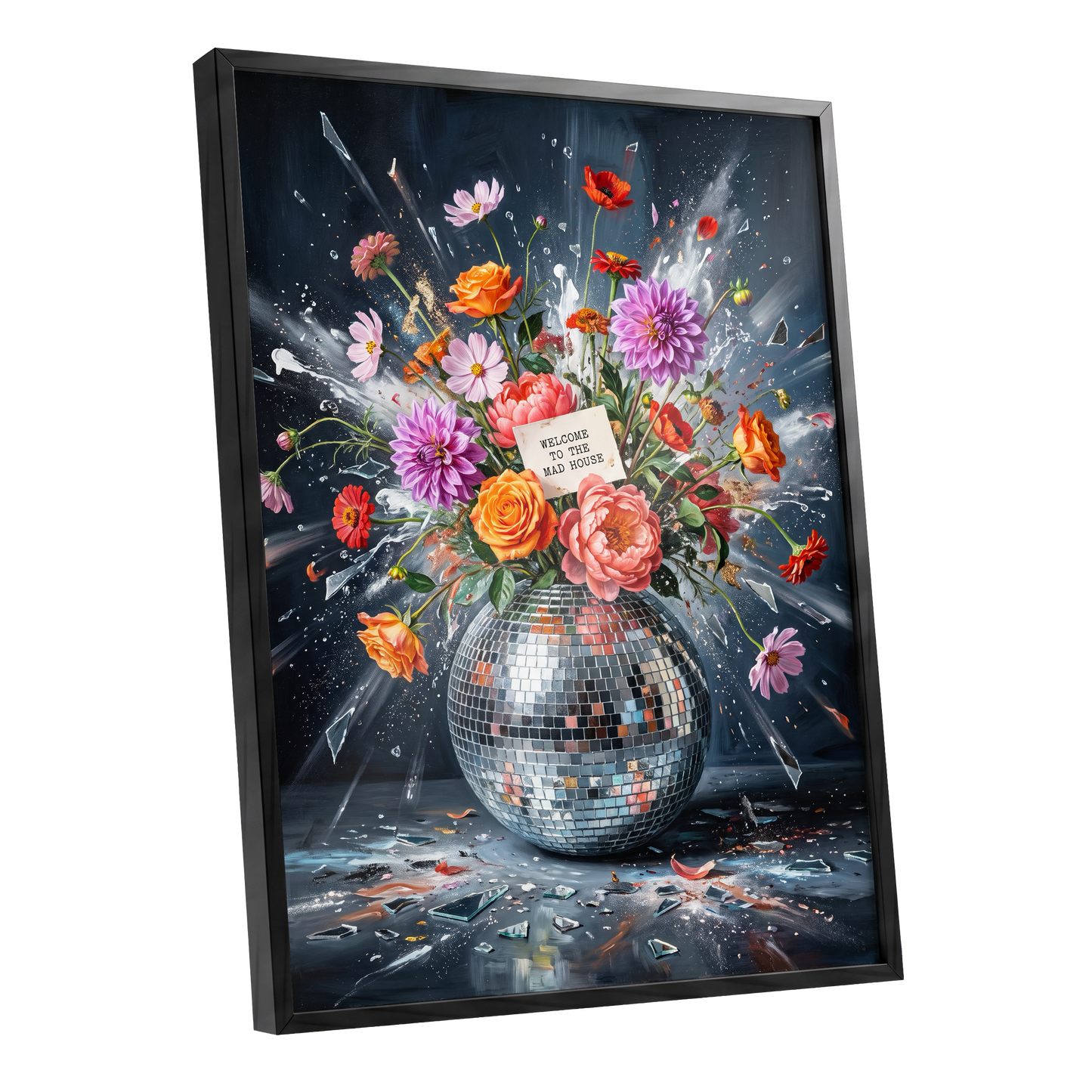 Bouquet After Midnight, black, blue, pink floral wall art shown as a black framed poster wall art print