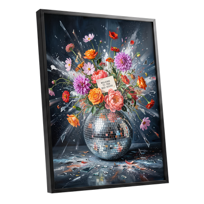 Bouquet After Midnight, black, blue, pink floral wall art shown as a black framed poster wall art print