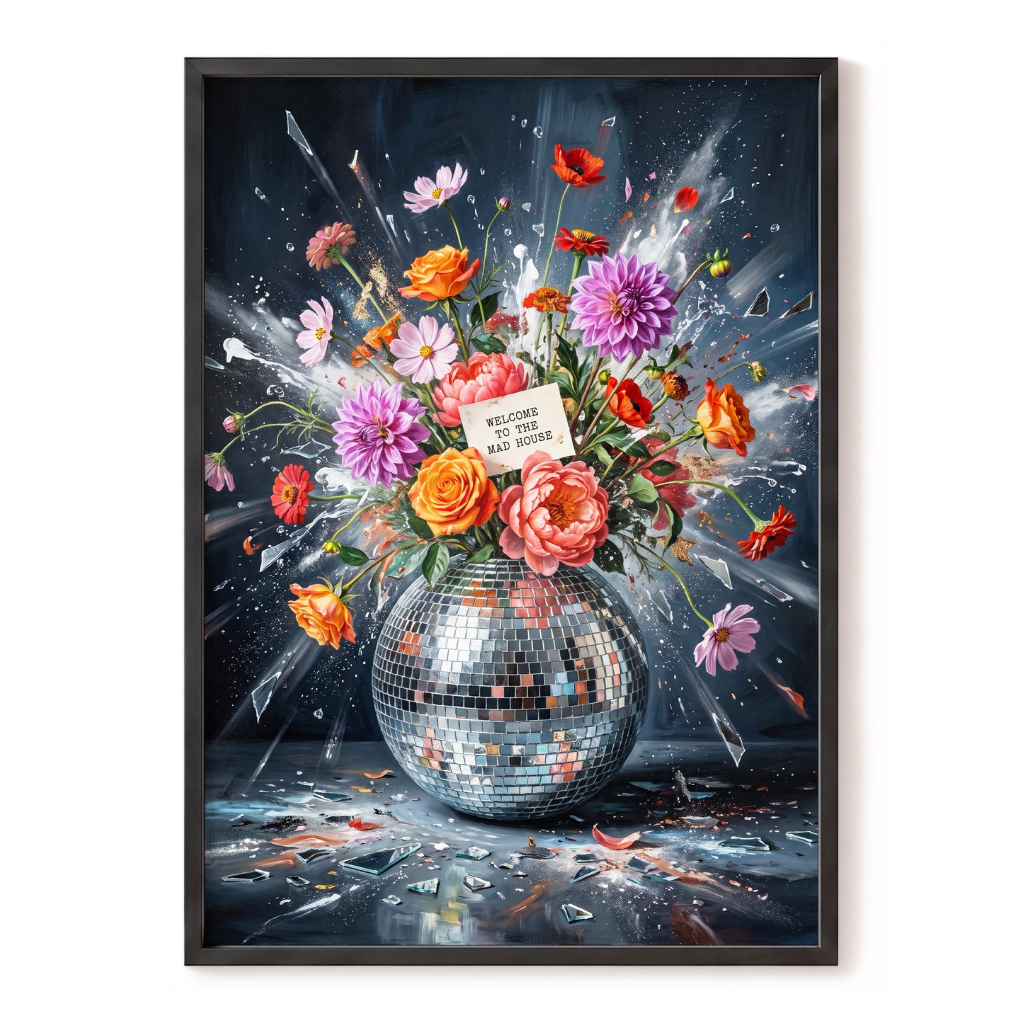 Bouquet After Midnight, black, blue, pink floral wall art, front artwork view