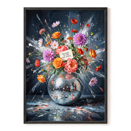 Bouquet After Midnight, black, blue, pink floral wall art, front artwork view