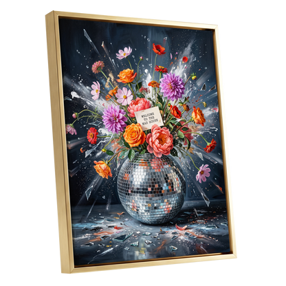 Bouquet After Midnight, black, blue, pink floral wall art shown as a gold framed canvas wall art
