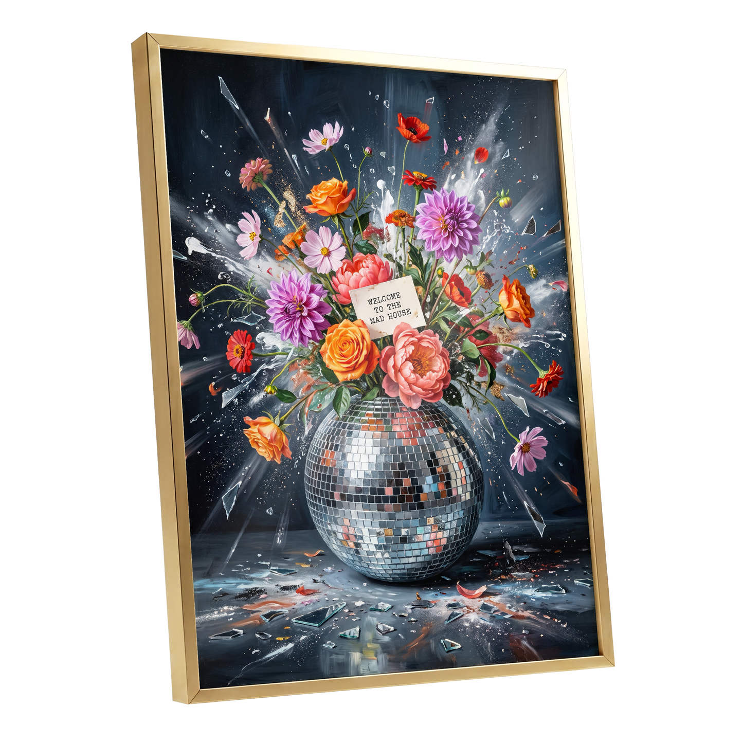 Bouquet After Midnight, black, blue, pink floral wall art shown as a gold framed poster wall art print
