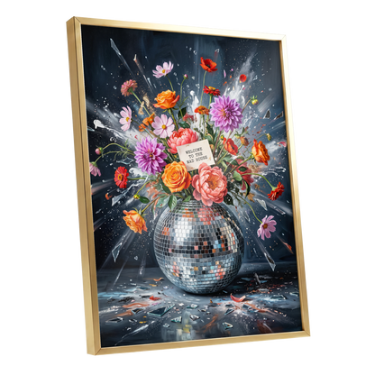 Bouquet After Midnight, black, blue, pink floral wall art shown as a gold framed poster wall art print
