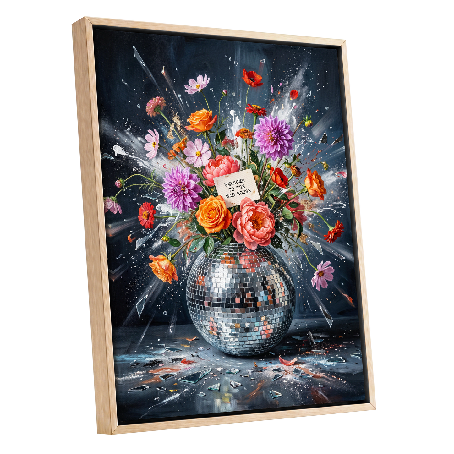 Bouquet After Midnight, black, blue, pink floral wall art shown as a oak framed canvas wall art