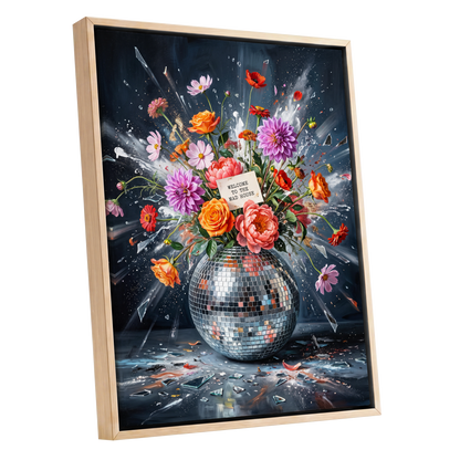 Bouquet After Midnight, black, blue, pink floral wall art shown as a oak framed canvas wall art