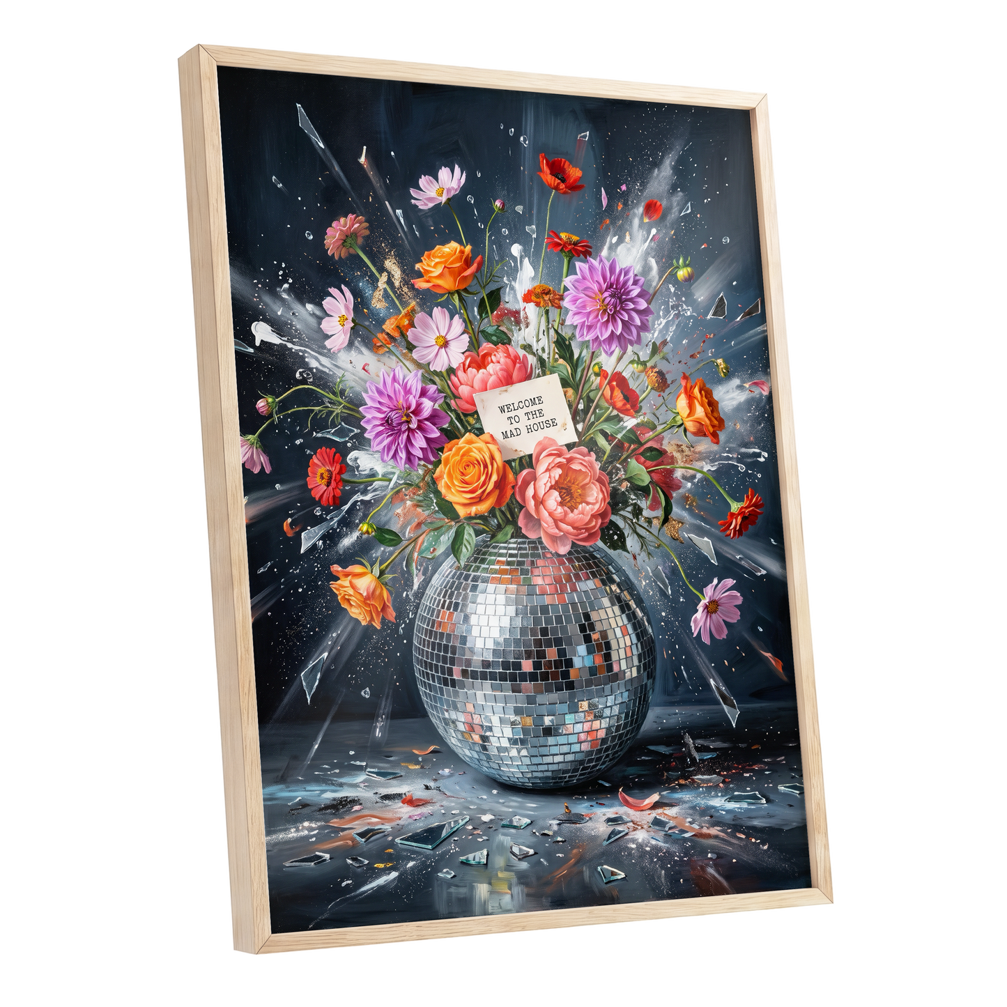 Bouquet After Midnight, black, blue, pink floral wall art shown as a oak framed poster wall art print