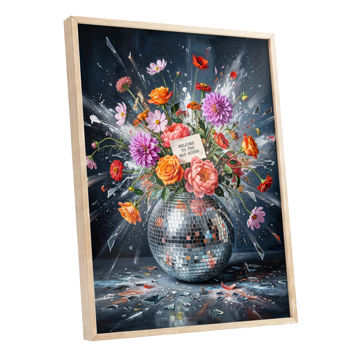 Bouquet After Midnight, black, blue, pink floral wall art shown as a oak framed poster wall art print