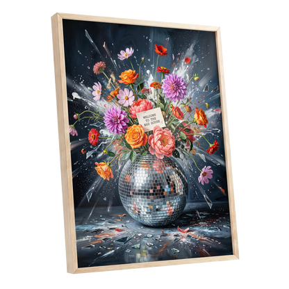 Bouquet After Midnight, black, blue, pink floral wall art shown as a oak framed poster wall art print