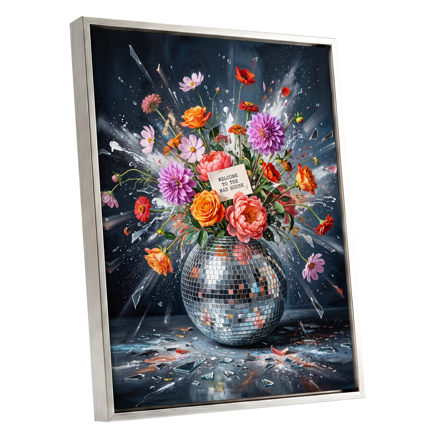 Bouquet After Midnight, black, blue, pink floral wall art shown as a silver framed canvas wall art