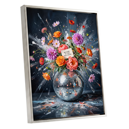 Bouquet After Midnight, black, blue, pink floral wall art shown as a silver framed canvas wall art