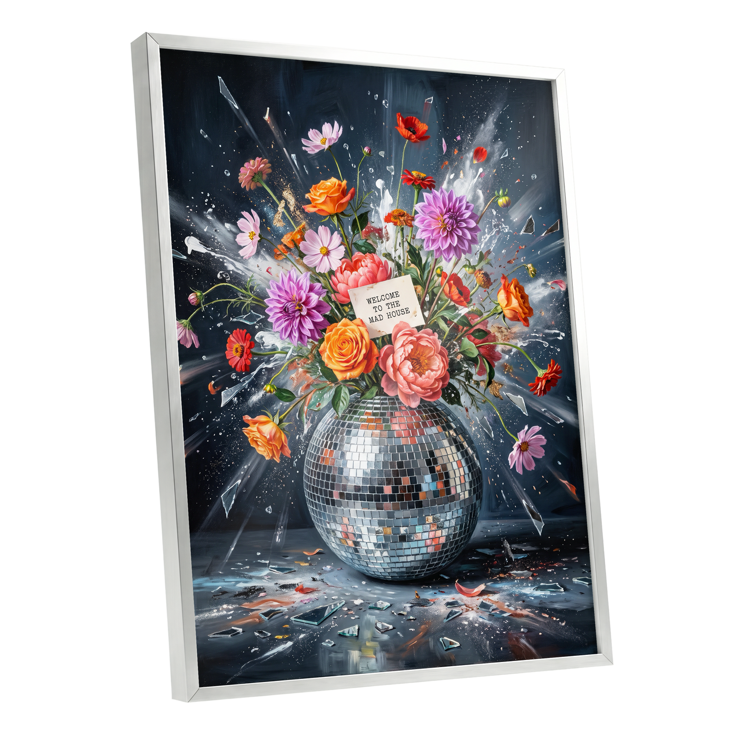 Bouquet After Midnight, black, blue, pink floral wall art shown as a silver framed poster wall art print