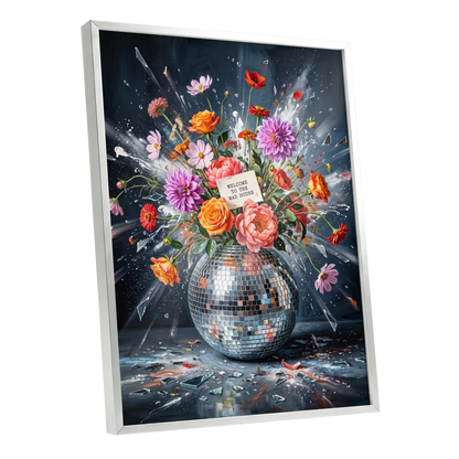 Bouquet After Midnight, black, blue, pink floral wall art shown as a silver framed poster wall art print