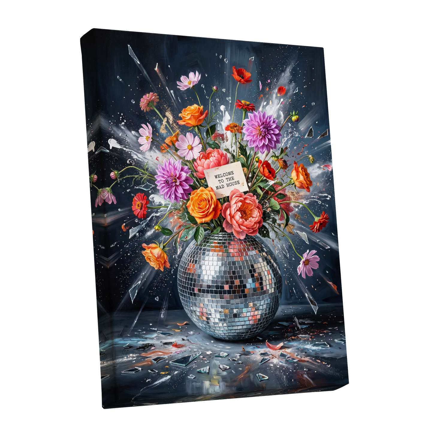 Bouquet After Midnight, black, blue, pink floral wall art shown as a stretched canvas wall art
