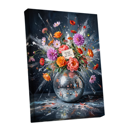Bouquet After Midnight, black, blue, pink floral wall art shown as a stretched canvas wall art