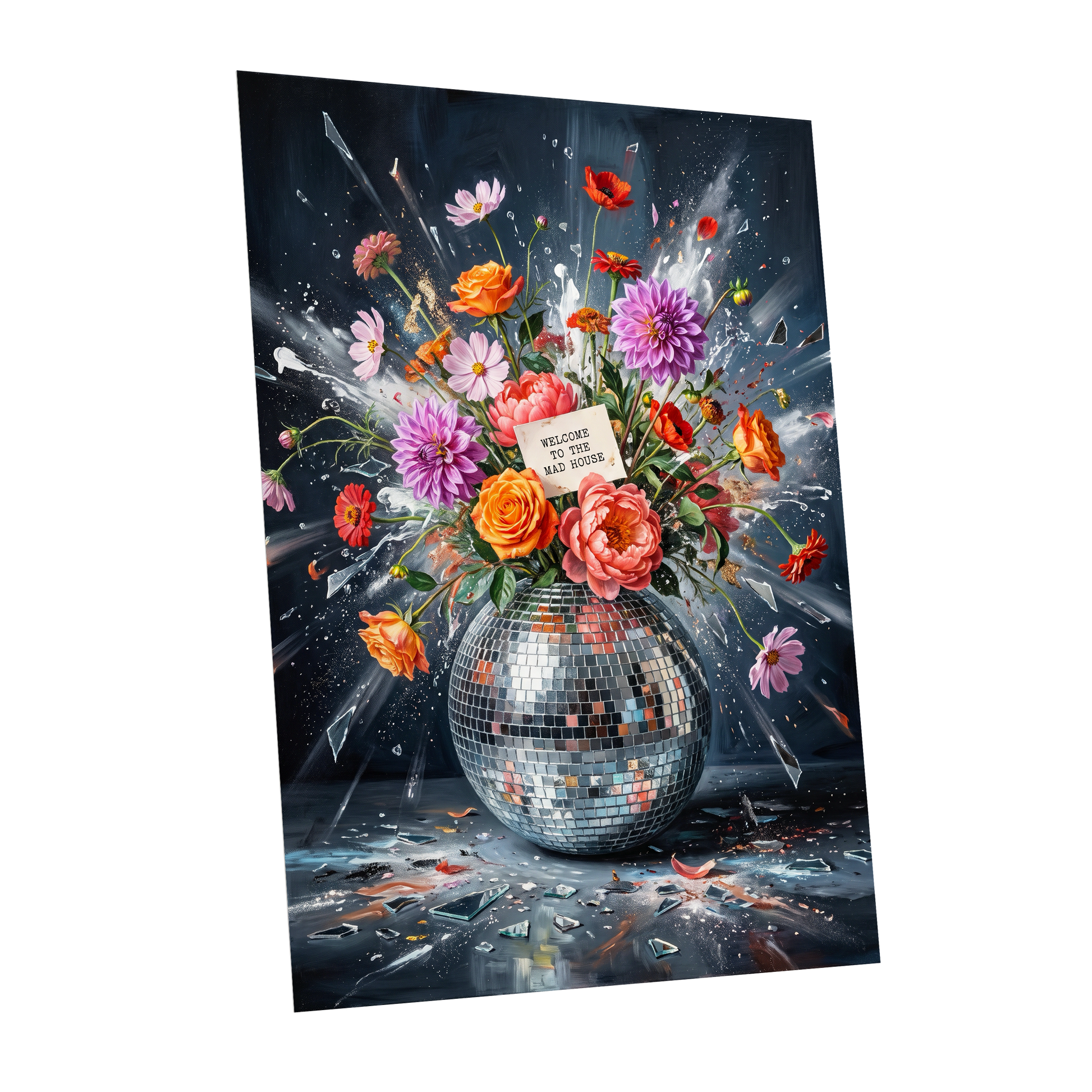 Bouquet After Midnight, black, blue, pink floral wall art shown as a unframed poster wall art print
