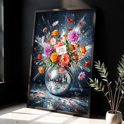 Bouquet After Midnight, black, blue, pink floral wall art displayed in a styled interior, gallery view 2