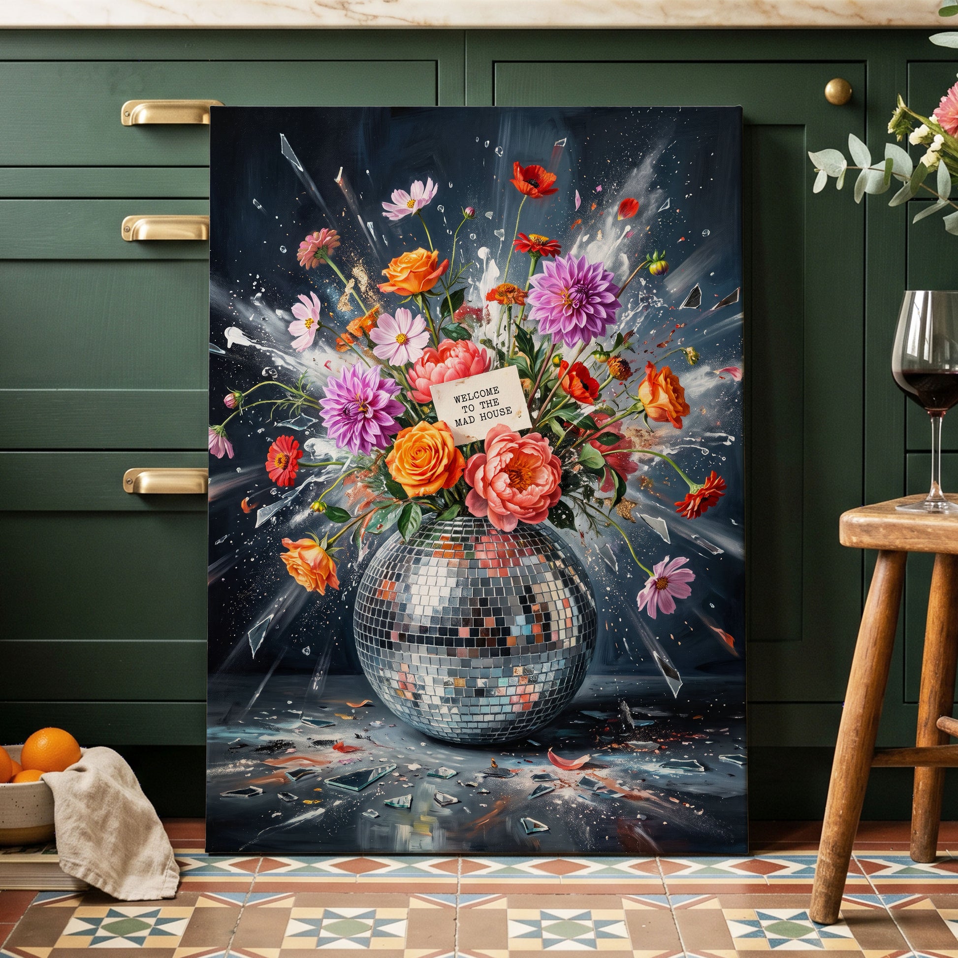 Bouquet After Midnight, black, blue, pink floral wall art displayed in a styled interior, gallery view 3