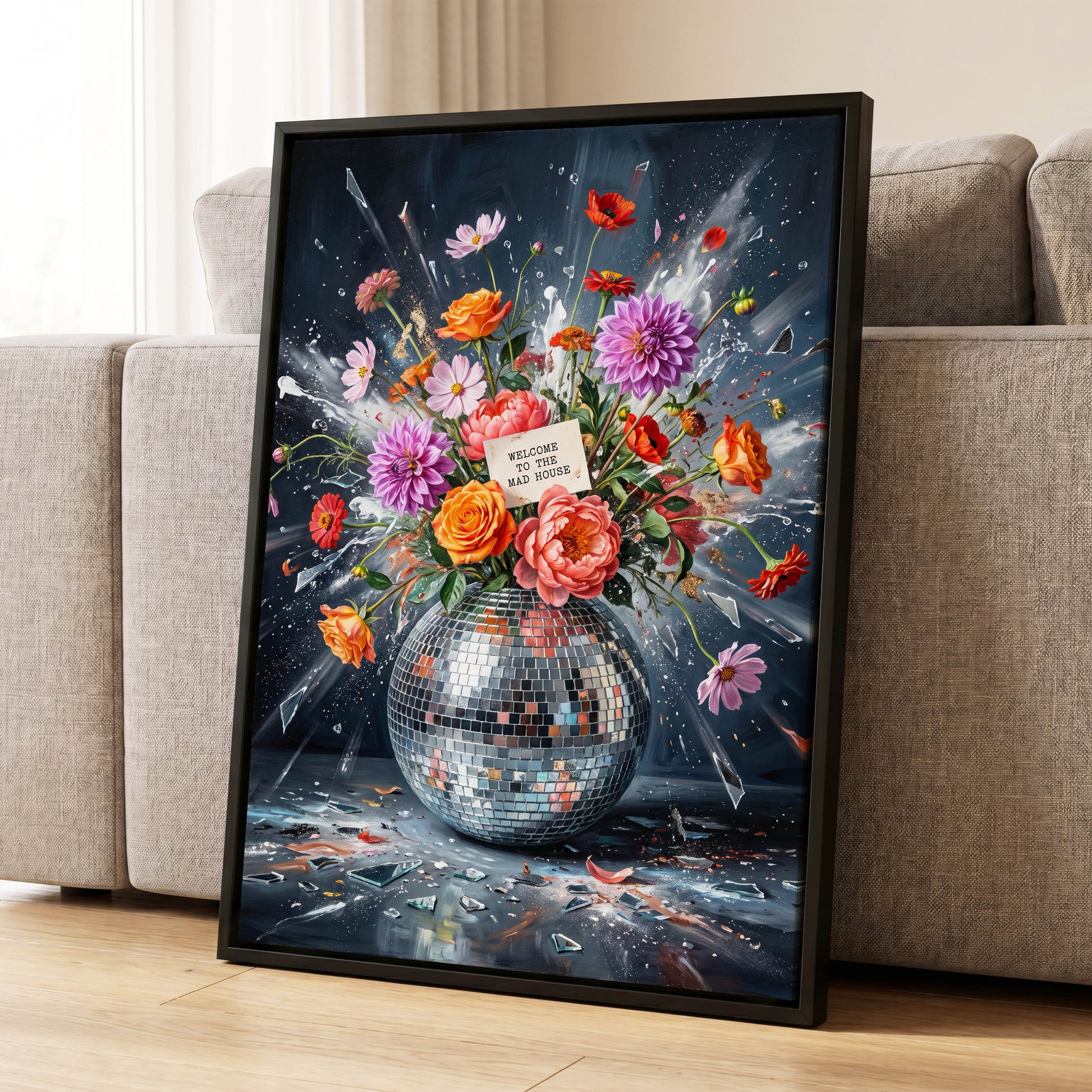 Bouquet After Midnight, black, blue, pink floral wall art displayed in a styled interior, gallery view 4
