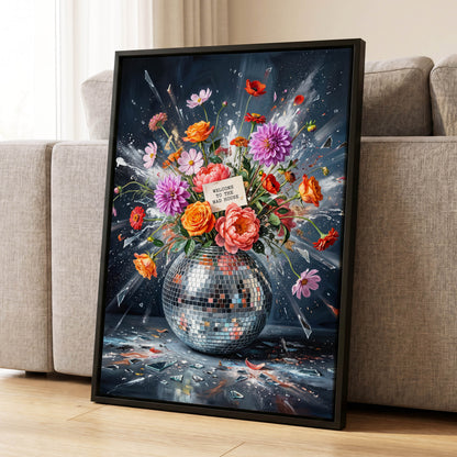 Bouquet After Midnight, black, blue, pink floral wall art displayed in a styled interior, gallery view 4