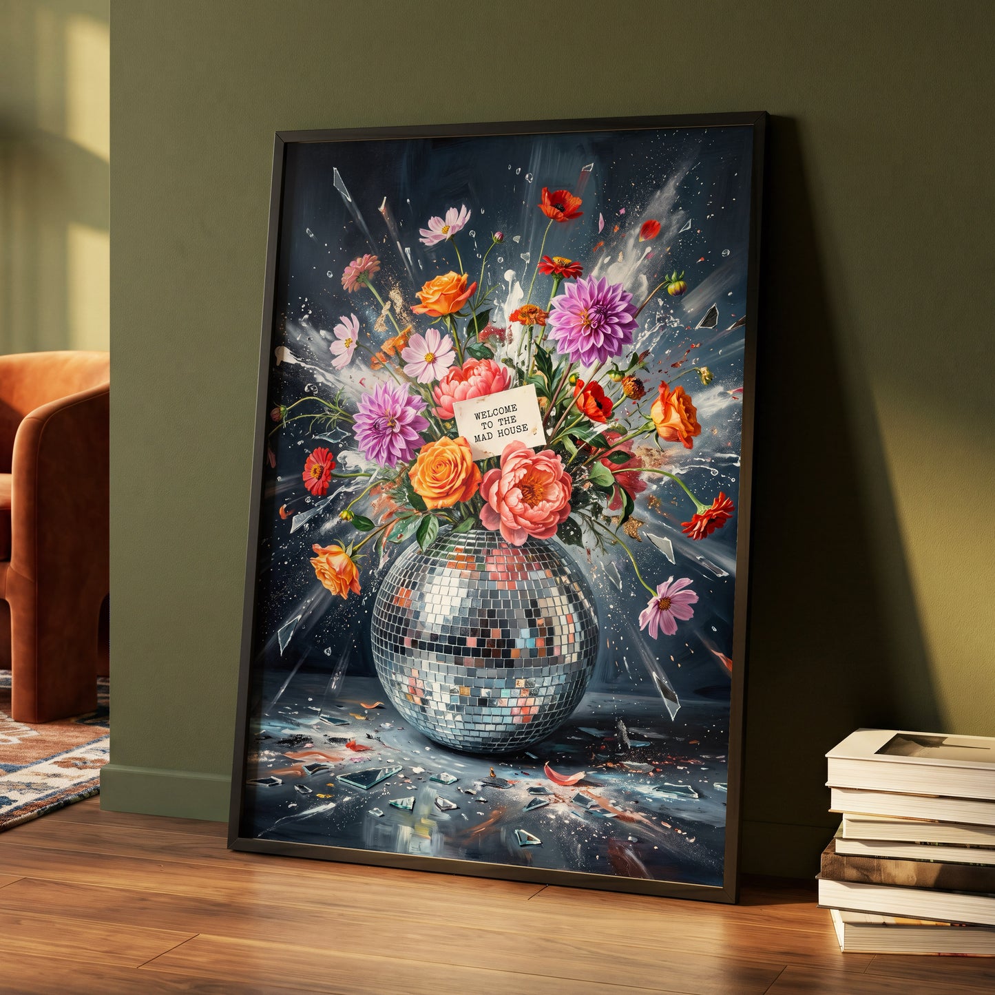 Bouquet After Midnight, black, blue, pink floral wall art displayed in a styled interior, gallery view 6