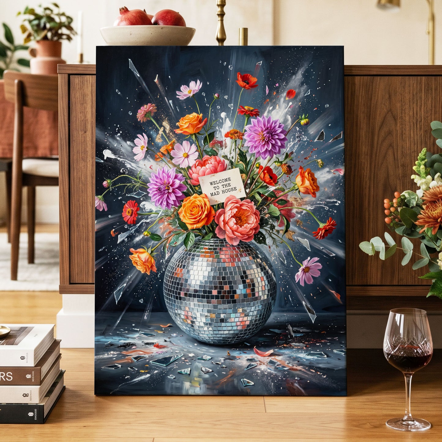 Bouquet After Midnight, black, blue, pink floral wall art displayed in a styled interior, gallery view 7