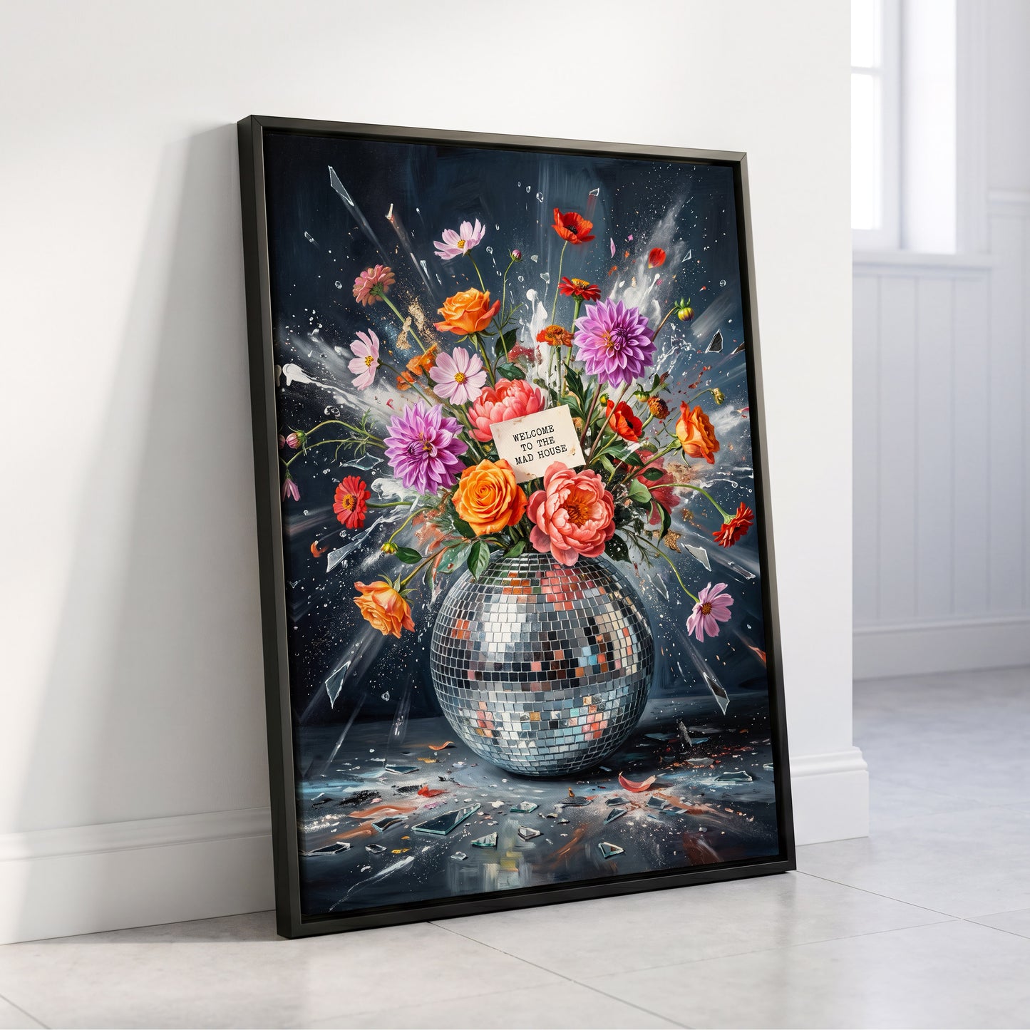 Bouquet After Midnight, black, blue, pink floral wall art displayed in a styled interior, gallery view 8