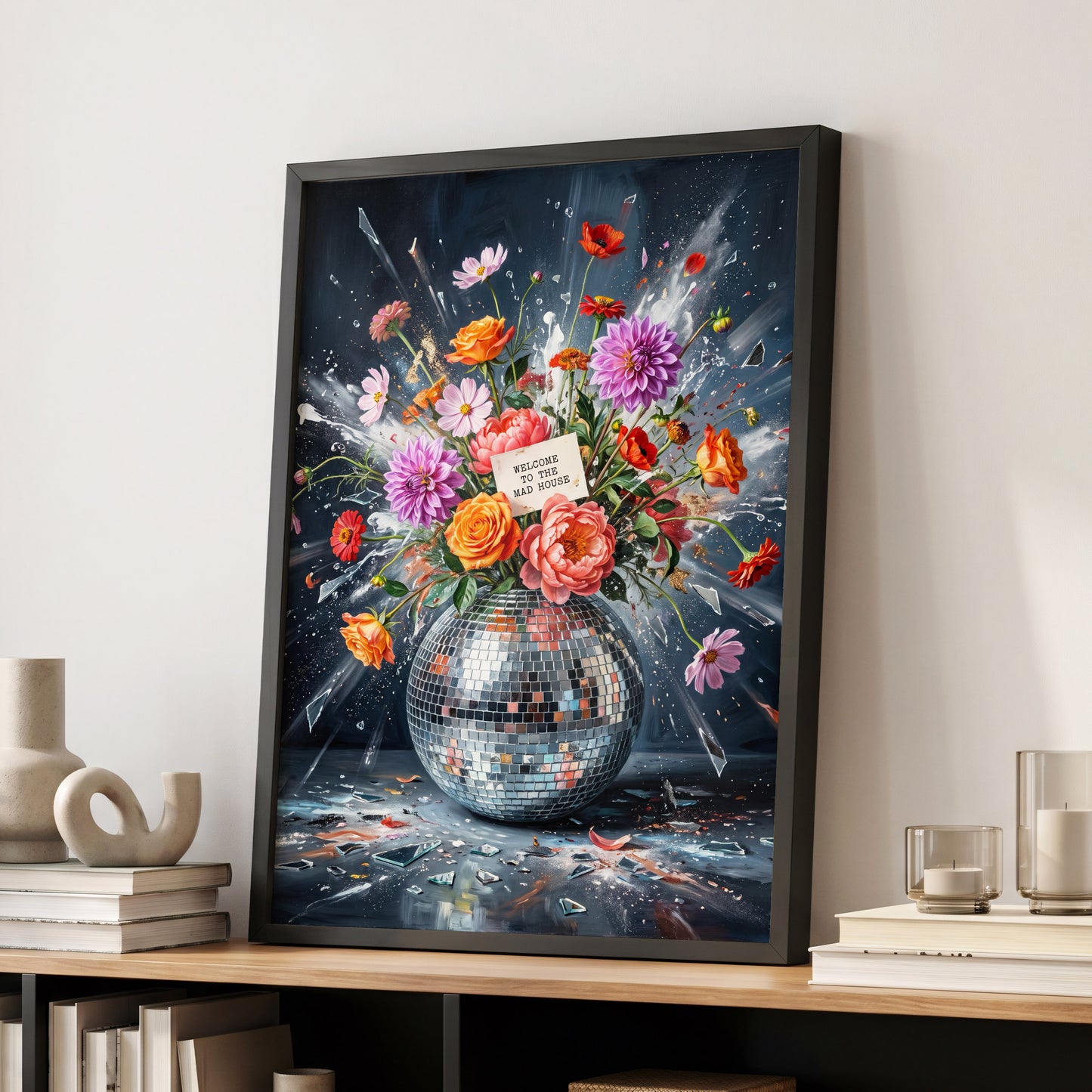 Bouquet After Midnight, black, blue, pink floral wall art displayed in a styled interior, gallery view 9