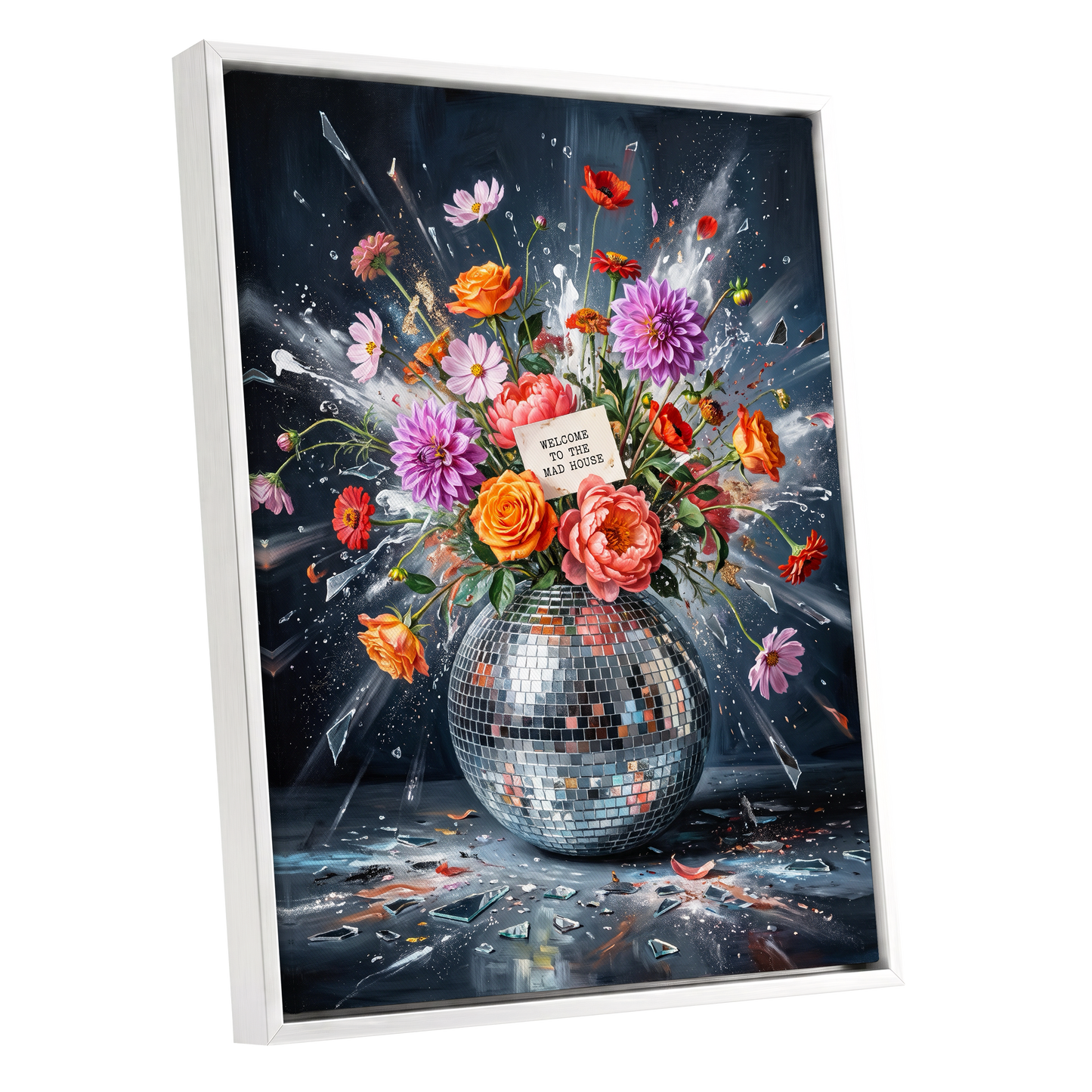 Bouquet After Midnight, black, blue, pink floral wall art shown as a white framed canvas wall art