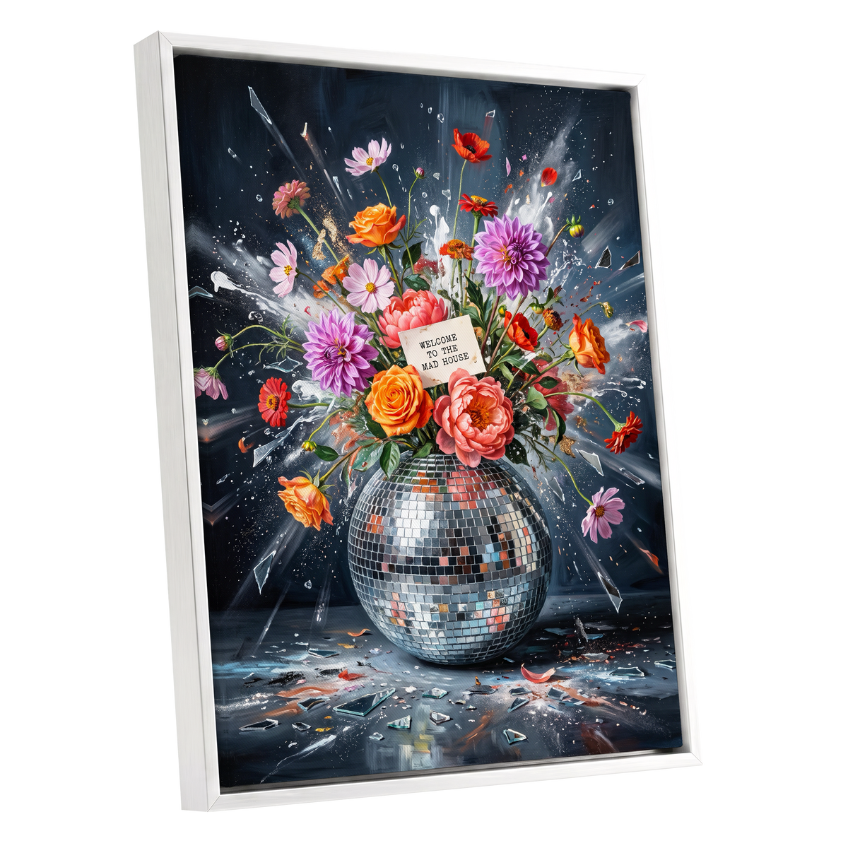 Bouquet After Midnight, black, blue, pink floral wall art shown as a white framed canvas wall art