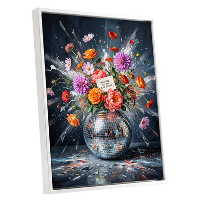 Bouquet After Midnight, black, blue, pink floral wall art shown as a white framed canvas wall art