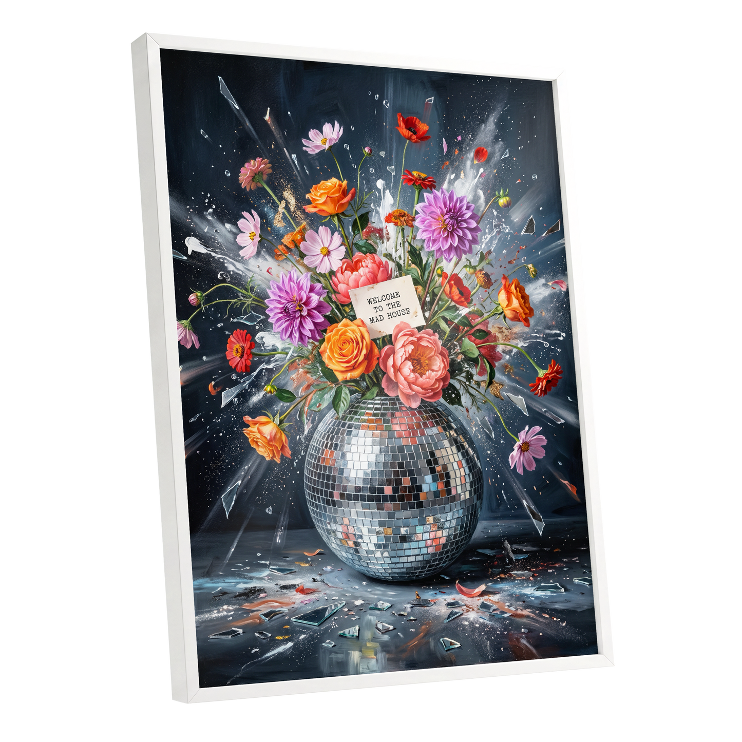 Bouquet After Midnight, black, blue, pink floral wall art shown as a white framed poster wall art print