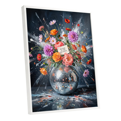 Bouquet After Midnight, black, blue, pink floral wall art shown as a white framed poster wall art print