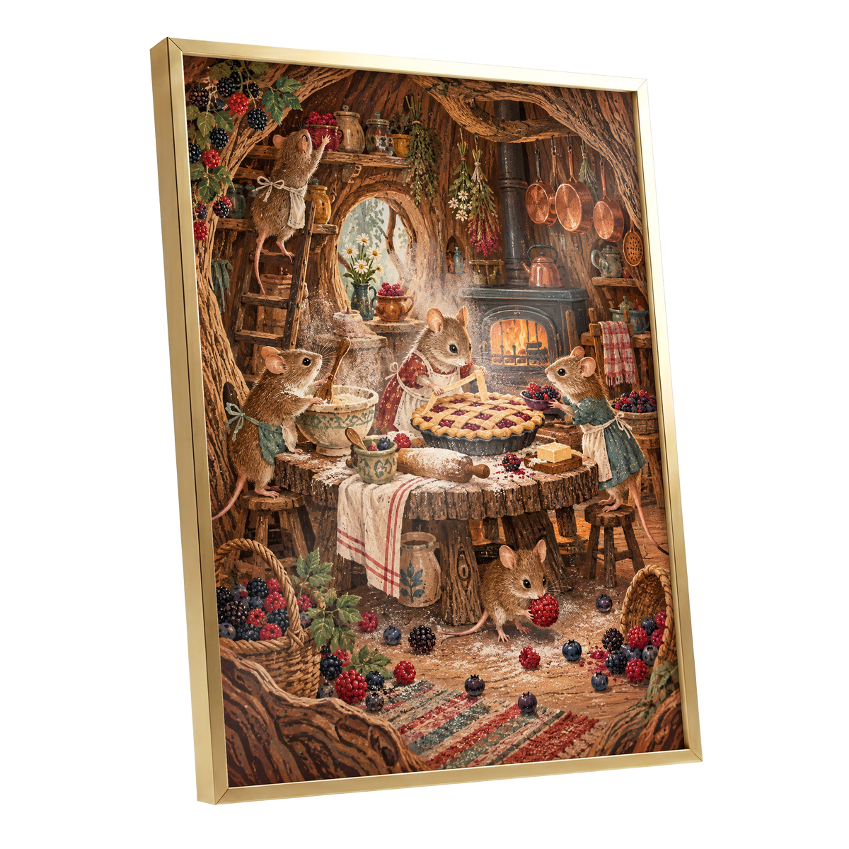 Bramble Bakehouse, brown, beige, orange nature wall art shown as a gold framed poster wall art print