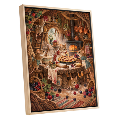 Bramble Bakehouse, brown, beige, orange nature wall art shown as a oak framed canvas wall art