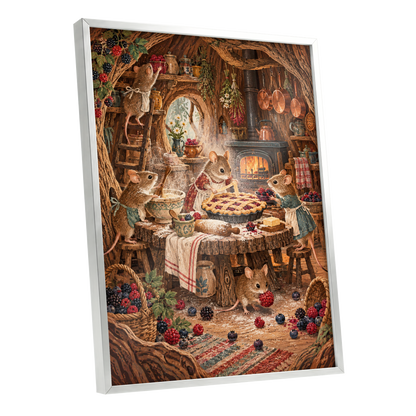 Bramble Bakehouse, brown, beige, orange nature wall art shown as a silver framed poster wall art print