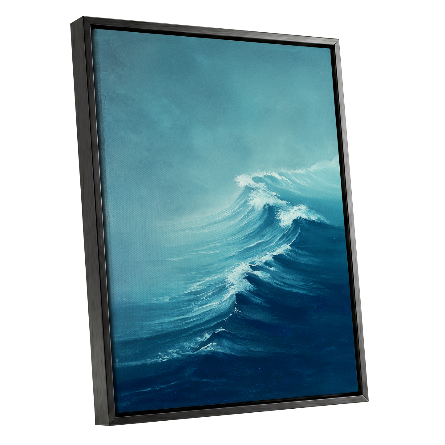 Breakers in Blue Mist, blue, white, gray nature wall art shown as a black framed canvas wall art
