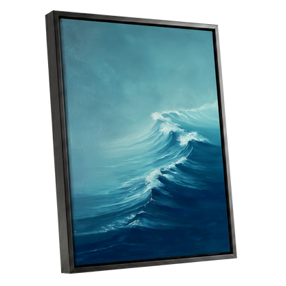 Breakers in Blue Mist, blue, white, gray nature wall art shown as a black framed canvas wall art