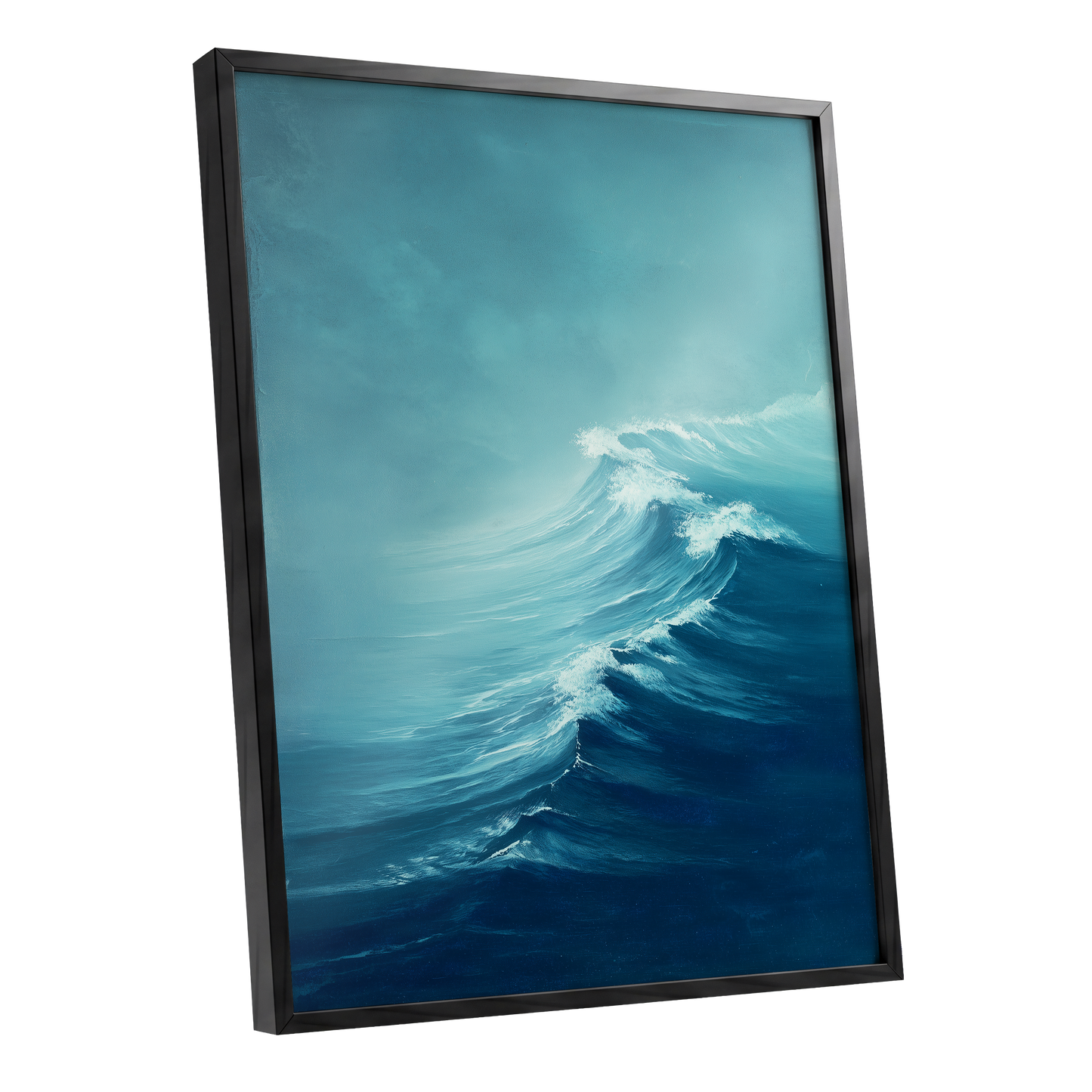 Breakers in Blue Mist, blue, white, gray nature wall art shown as a black framed poster wall art print