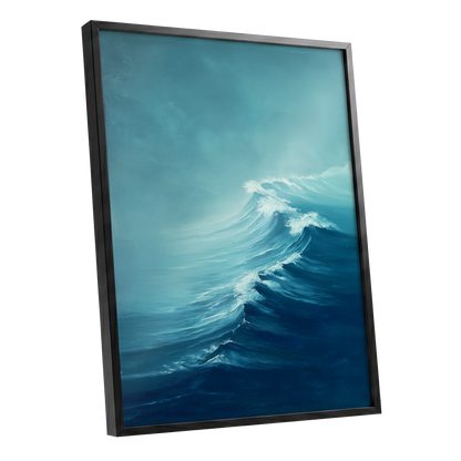 Breakers in Blue Mist, blue, white, gray nature wall art shown as a black framed poster wall art print