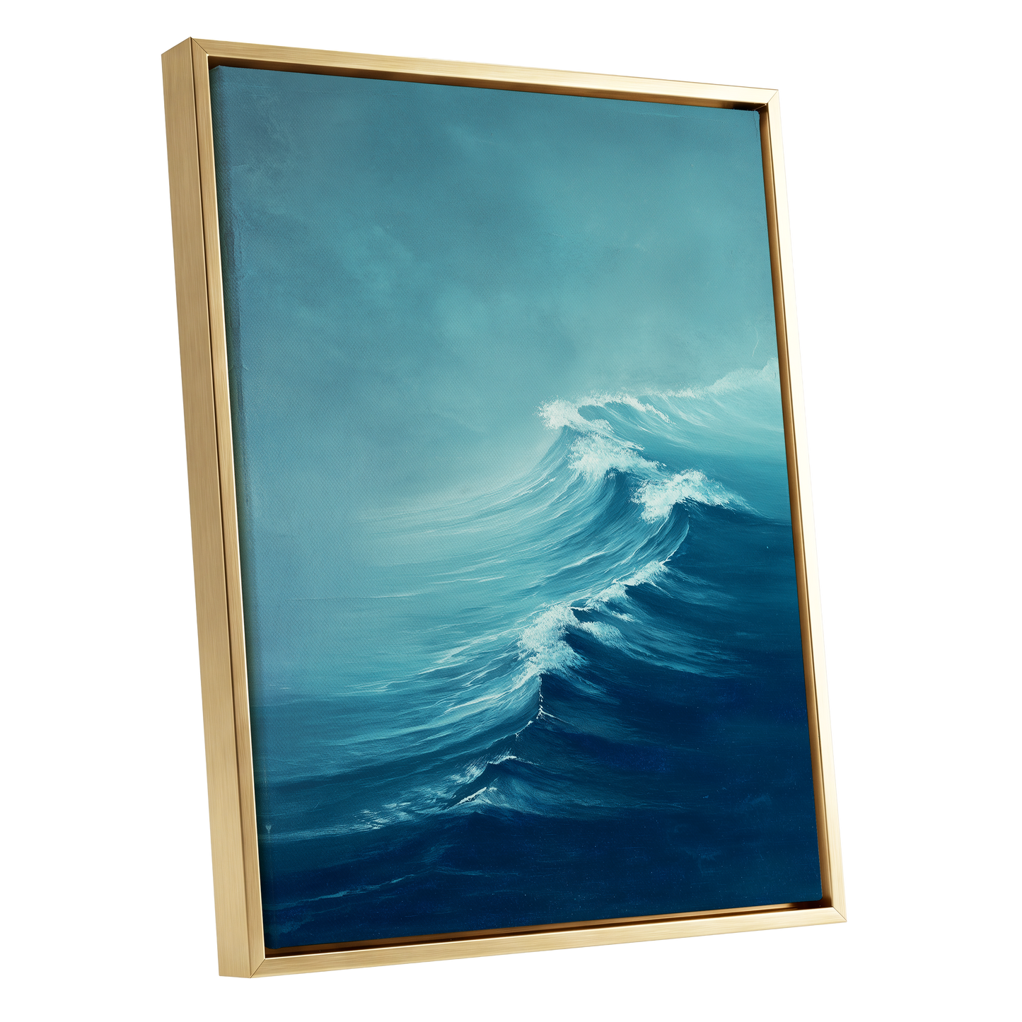 Breakers in Blue Mist, blue, white, gray nature wall art shown as a gold framed canvas wall art