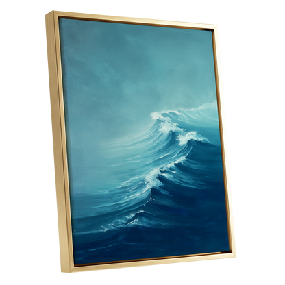 Breakers in Blue Mist, blue, white, gray nature wall art shown as a gold framed canvas wall art
